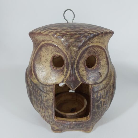 Vintage 1970s Brown Ceramic Owl Hanging Tea Light Candle Holder‎ Lantern Pottery - Picture 1 of 5